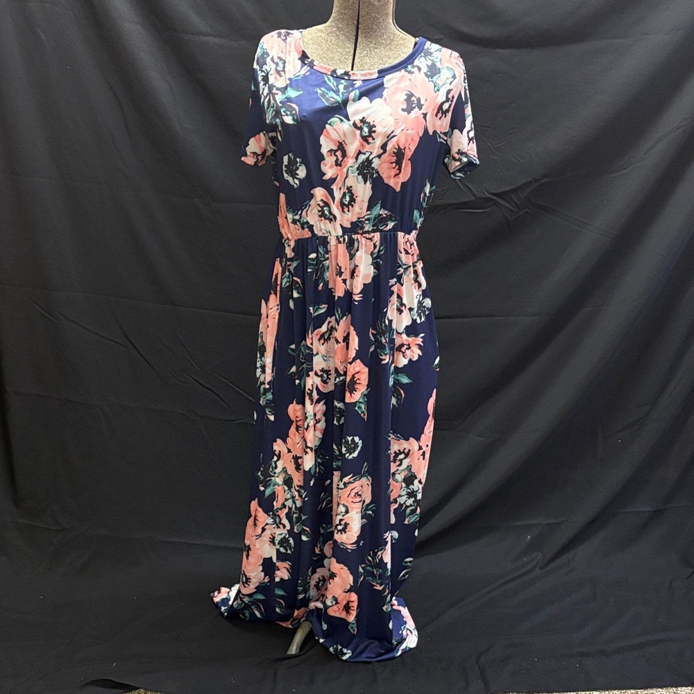 Navy Floral Maxi Dress with Pink Blooms